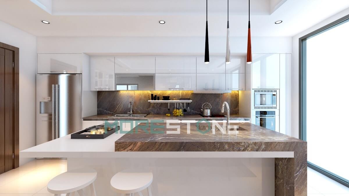 Xu hướng mới gia chủ sử dụng đồng bộ mặt bếp và tường bếp bằng ốp đá để tăng tính thẩm mỹ, hợp vệ sinh trong thiết kế bếp